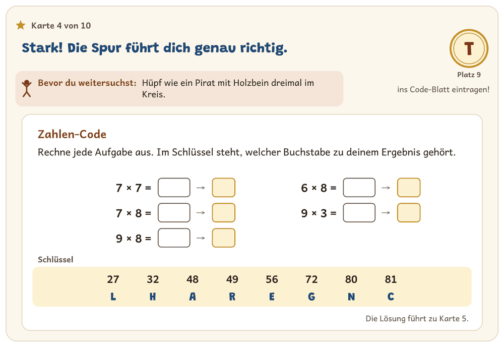 Rätselkarte Zahlen-Code aus dem fertigen PDF: fünf Rechenaufgaben führen über einen Schlüssel zum Lösungswort